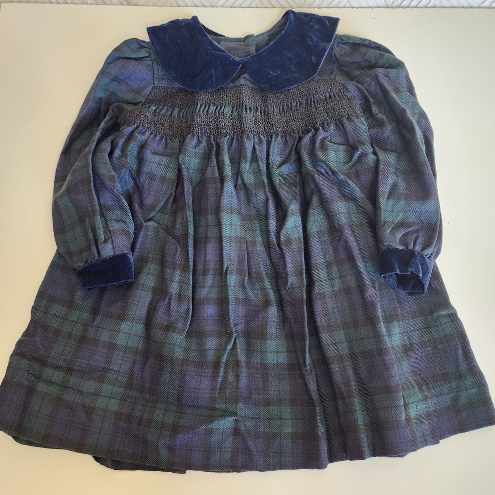 Vintage Bonnie Jean Blue Plaid Dress with Velvet Accents 4T